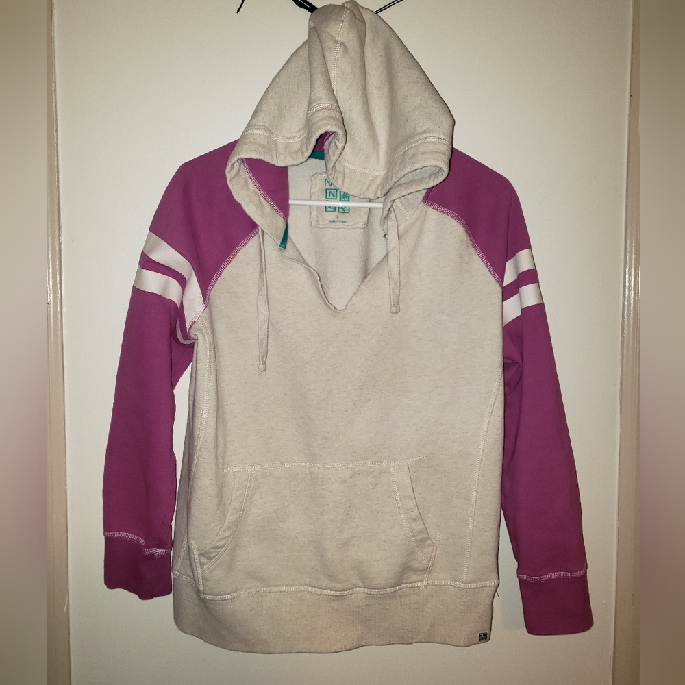 Nollie Hoodie Sz L Womens Hooded Sweatshirt Pink & Cream Baseball Sleeve